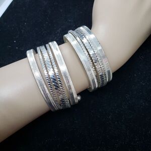 Set of 2 Silver Tone Wire Wrap Bypass Cuff Bracelets Adjustable Stackable